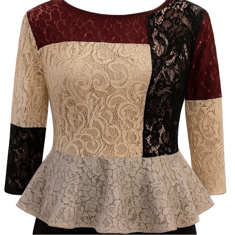 Color Block Top‎ Black Ivory Rust Sage Green Small Blouse Lace Goth Academia